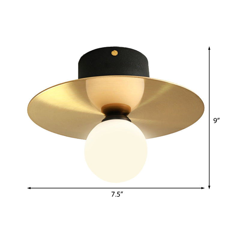 Modern Milk Glass Ceiling Light Fixture With Gold Disk - Contemporary 1-Bulb Lighting For Living