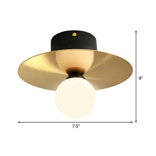 Modern Milk Glass Ceiling Light Fixture With Gold Disk - Contemporary 1-Bulb Lighting For Living