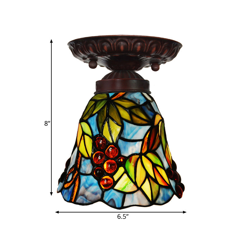 Victorian Bell Flush Mount Ceiling Lamp - Pink/Blue Stained Glass Bedroom Light Fixture With 1