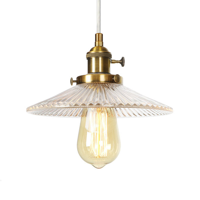 Vintage Clear Ribbed Glass Saucer Pendant Lighting For Coffee Shops - Black/Bronze/Brass Finish