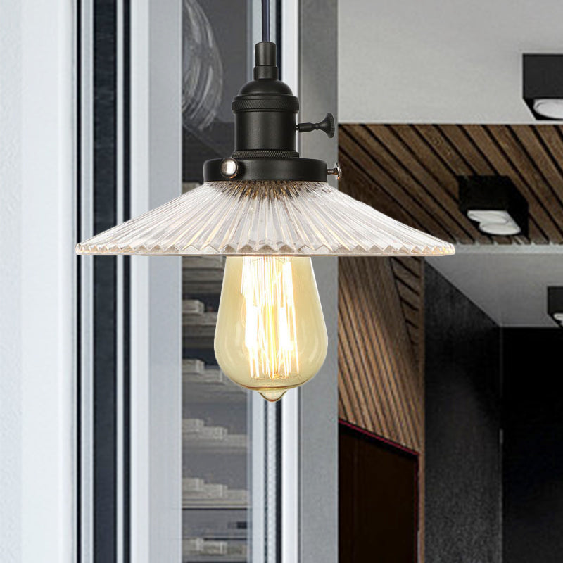 Vintage Clear Ribbed Glass Saucer Pendant Lighting For Coffee Shops - Black/Bronze/Brass Finish