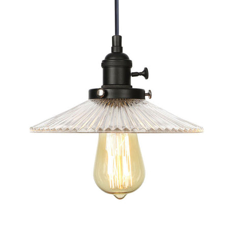 Vintage Stylish Clear Ribbed Glass Saucer Pendant Lighting - 1 Head Ceiling Fixture For Coffee Shop