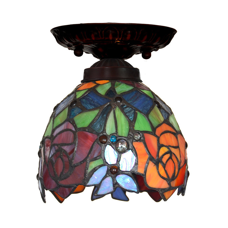 Victorian Ceiling-Mounted Stained Glass Light With Domed Design - 1 Flushmount Red/Pink/Orange