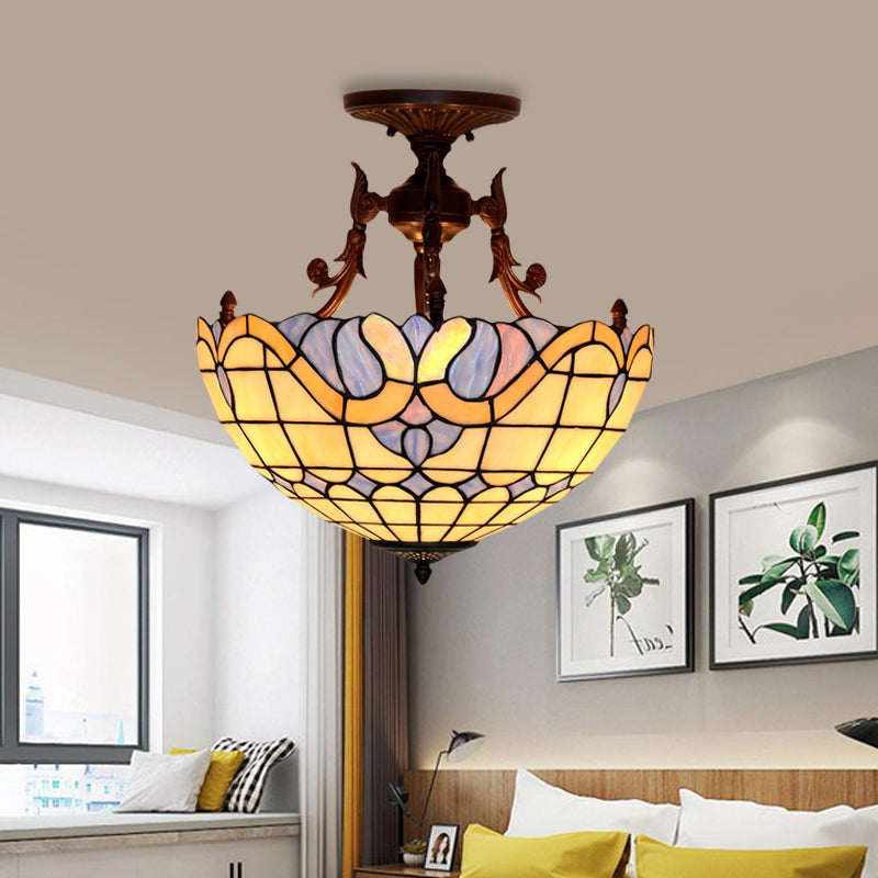 Dome Semi-Mount Tiffany Beige/Light Blue Glass Ceiling Light Fixture - Bronze 3-Light Living Room