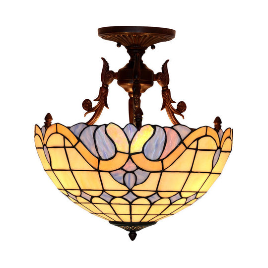 Dome Semi-Mount Tiffany Beige/Light Blue Glass Ceiling Light Fixture - Bronze 3-Light Living Room