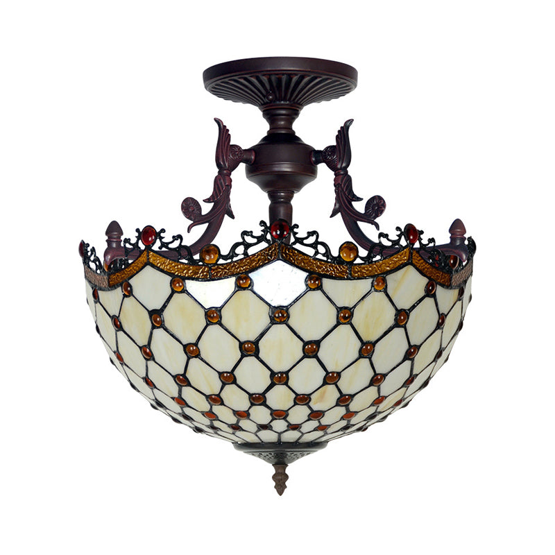Dome Semi-Mount Tiffany Beige/Light Blue Glass Ceiling Light Fixture - Bronze 3-Light Living Room