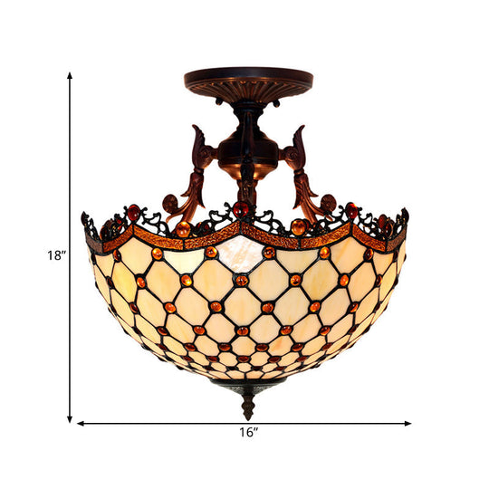 Dome Semi-Mount Tiffany Beige/Light Blue Glass Ceiling Light Fixture - Bronze 3-Light Living Room