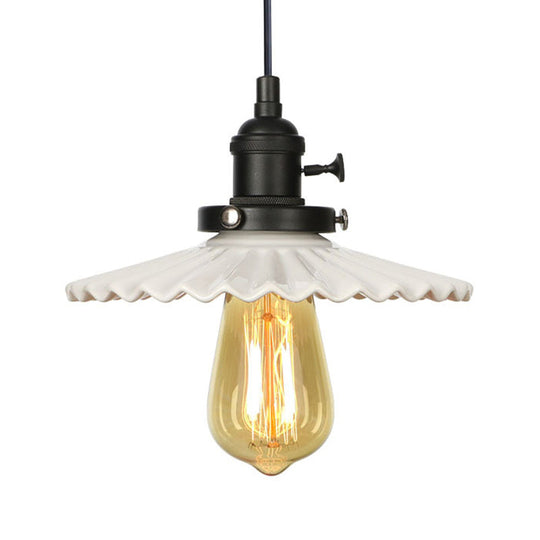 Ceramic Scalloped Edge Industrial Pendant Light With Single Bulb For Dining Rooms In Black Bronze
