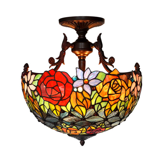 Semi Flush Mediterranean Bronze Blossom Ceiling Mount With Red/Orange/Green Cut Glass - Ideal For