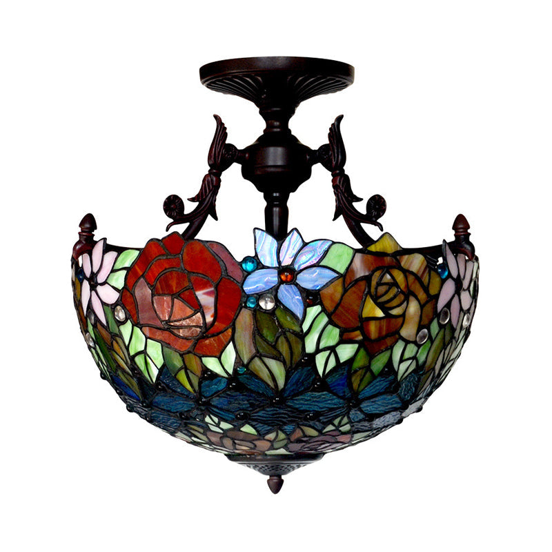 Semi Flush Mediterranean Bronze Blossom Ceiling Mount With Red/Orange/Green Cut Glass - Ideal For