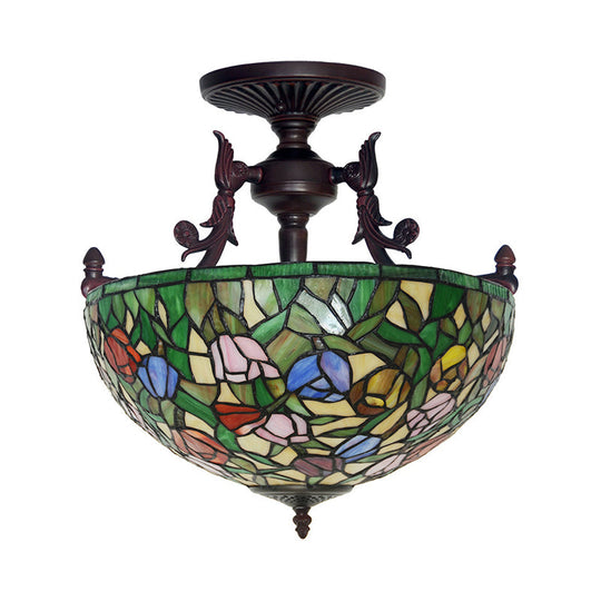 Semi Flush Mediterranean Bronze Blossom Ceiling Mount With Red/Orange/Green Cut Glass - Ideal For