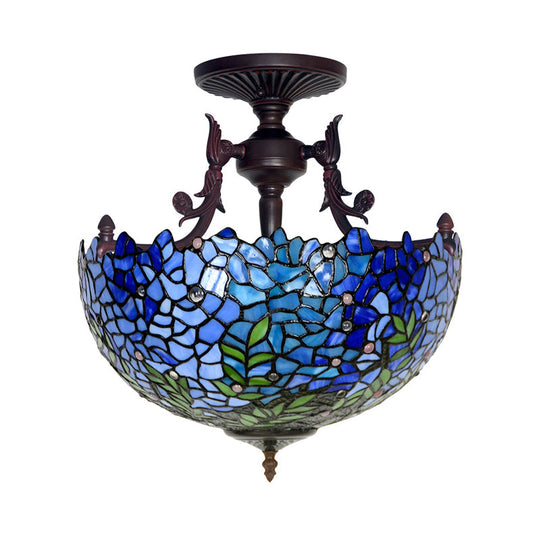 Victorian Blue Stained Glass Ceiling Light Fixture - 3-Light Domed Semi Mount For Kitchen