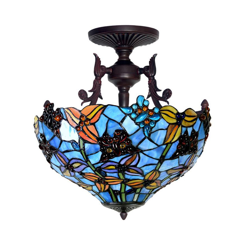 Victorian Blue Stained Glass Ceiling Light Fixture - 3-Light Domed Semi Mount For Kitchen