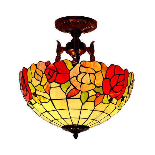 Mediterranean Flower Stained Glass Ceiling Light For Bedroom - 3-Light Semi Flush Mount In