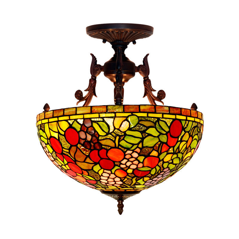 Mediteranean Flower Stained Glass Ceiling Light - 3-Light Semi Flush For Bedroom Green