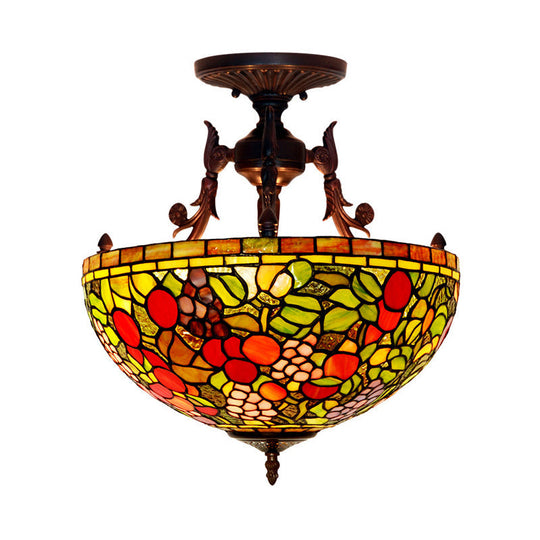 Mediteranean Flower Stained Glass Ceiling Light - 3-Light Semi Flush For Bedroom Green
