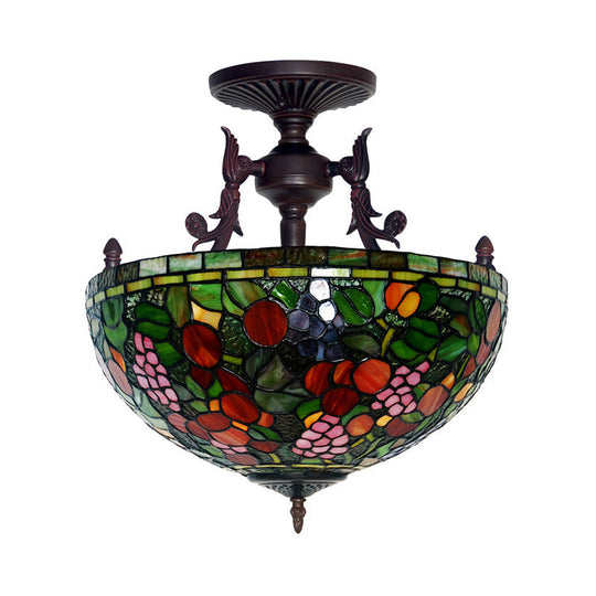 Mediterranean Flower Stained Glass Ceiling Light For Bedroom - 3-Light Semi Flush Mount In