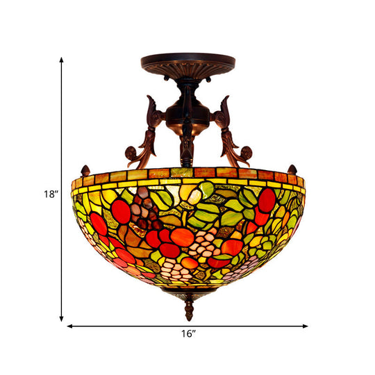 Mediteranean Flower Stained Glass Ceiling Light - 3-Light Semi Flush For Bedroom