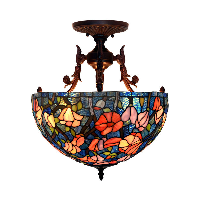 Mediterranean Flower Stained Glass Ceiling Light For Bedroom - 3-Light Semi Flush Mount In