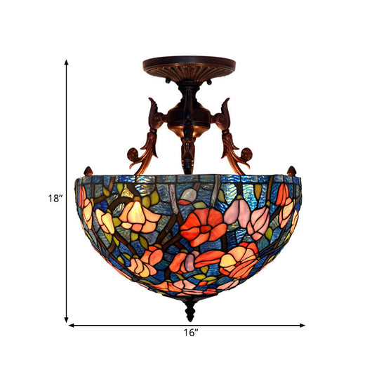 Mediterranean Flower Stained Glass Ceiling Light For Bedroom - 3-Light Semi Flush Mount In