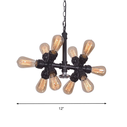 Farmhouse Style 10-Head Black Pendant Lamp With Exposed Bulbs And Sputnik Design