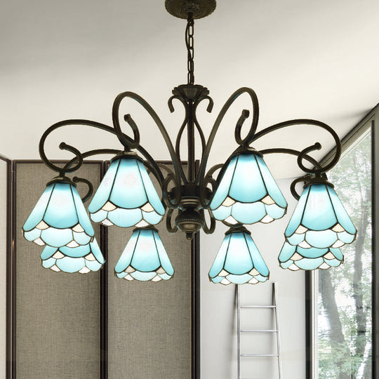 Tiffany Style Blue Glass Chandelier With Black Frame And Multiple Lights