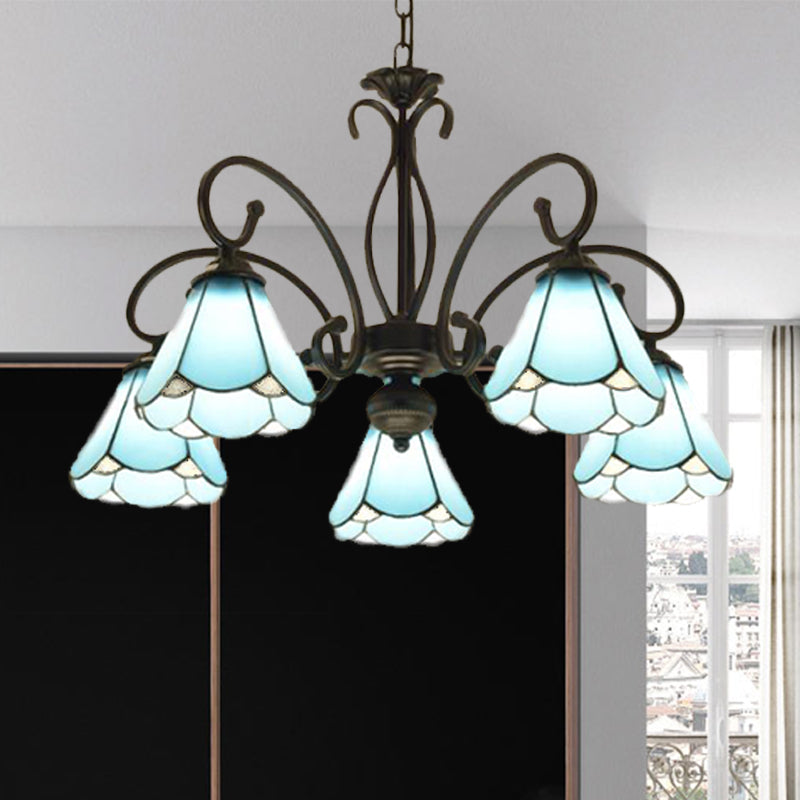 Tiffany Style Blue Glass Chandelier With Black Frame And Multiple Lights 5 /