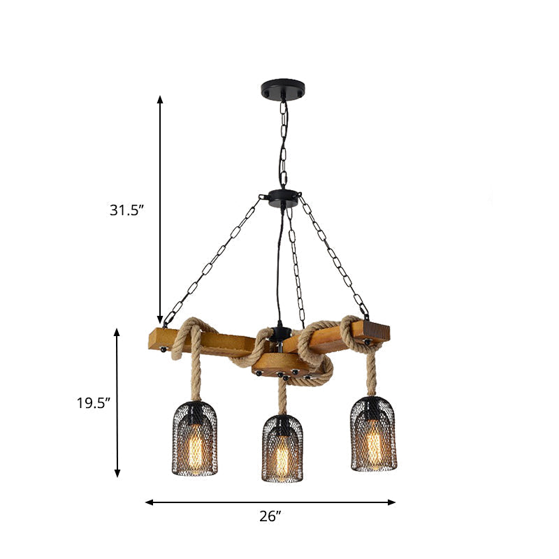 Stylish Lodge Pendant Lighting: Wood And Rope Ceiling Fixture With Wire Mesh 3/6 Lights Brown Base