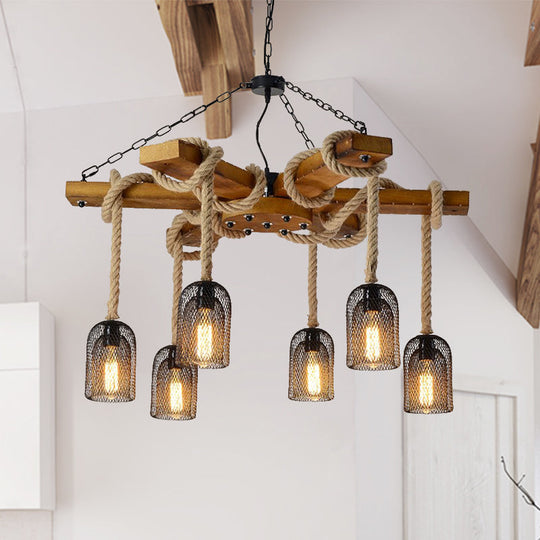 Stylish Lodge Pendant Lighting: Wood And Rope Ceiling Fixture With Wire Mesh 3/6 Lights Brown Base