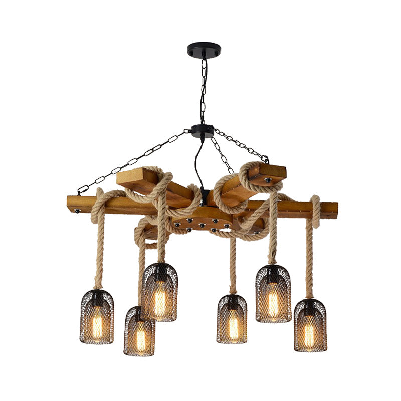 Stylish Lodge Pendant Lighting: Wood And Rope Ceiling Fixture With Wire Mesh 3/6 Lights Brown Base
