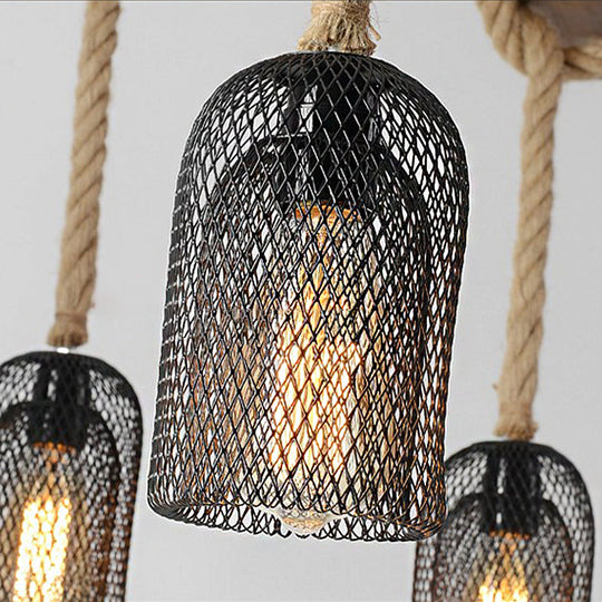 Stylish Lodge Pendant Lighting: Wood And Rope Ceiling Fixture With Wire Mesh 3/6 Lights Brown Base