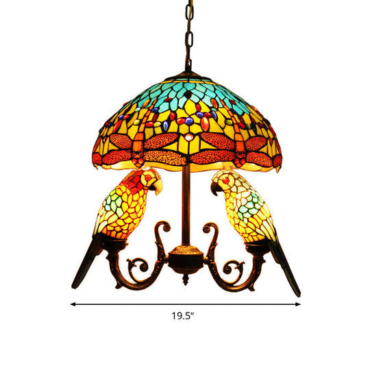 Mediterranean Stained Glass Pendant Chandelier With Parrot Deco In Yellow
