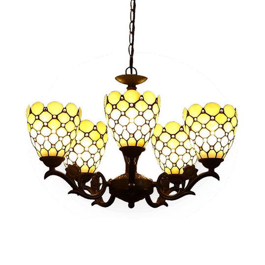 Tiffany Style Beige Glass Chandelier 5-Light Fixture With Black Suspension