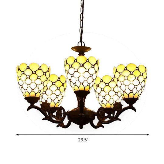 Tiffany Style Beige Glass Chandelier 5-Light Fixture With Black Suspension