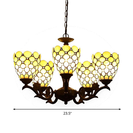 Tiffany Beige Glass Chandelier - 5-Light Suspension Lamp In Black