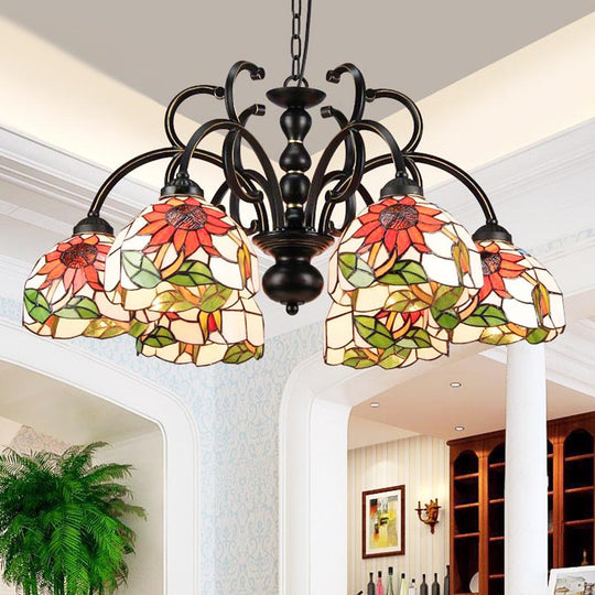 Victorian Cut Glass Floral Chandelier: 6-Head Black Pendant Light For Living Room