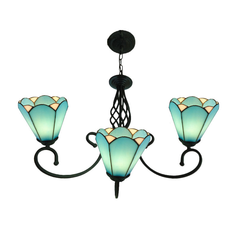 Baroque Black Cone Chandelier With 5/6/8 White/Blue Glass Drop Lights For Living Room