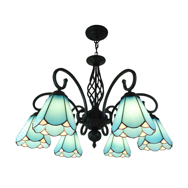 Baroque Black Cone Chandelier With 5/6/8 White/Blue Glass Drop Lights For Living Room