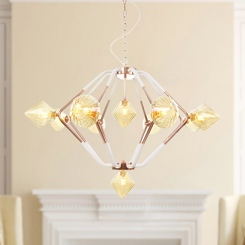 Modern Rose Gold Led Chandelier With Diamond Amber Glass Shade - 10 Lights Bedroom Lighting