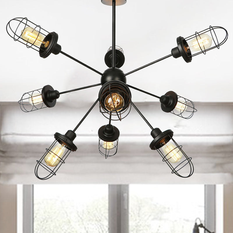 Farmhouse Style Iron Caged Chandelier - 9/12/15 Lights Sputnik Design Black Finish