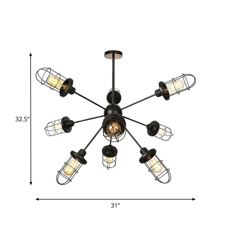 Caged Iron Chandelier - Farmhouse Style Ceiling Lamp Black Finish With Sputnik Design 9/12/15 Lights