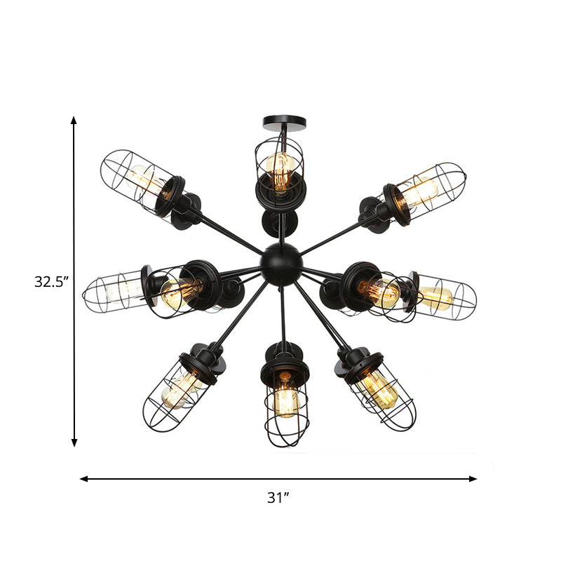 Farmhouse Style Iron Caged Chandelier - 9/12/15 Lights Sputnik Design Black Finish