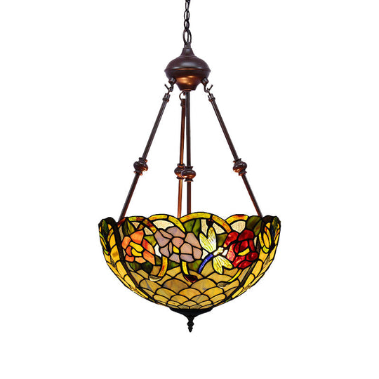 Stained Art Glass Chandelier Light - Petal Design 2 Lights Red/Orange/Green Bedroom Pendant