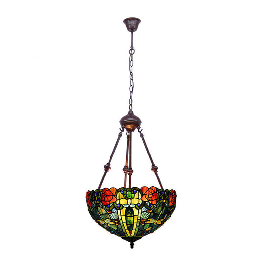 Stained Art Glass Chandelier Light - Petal Design 2 Lights Red/Orange/Green Bedroom Pendant