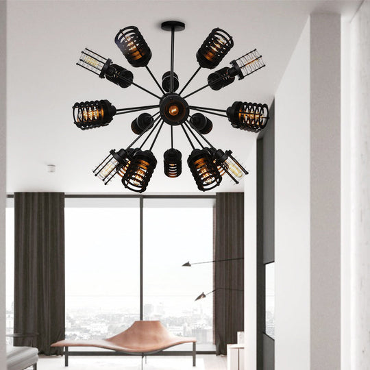 Vintage Black Chandelier Light: Starburst Metal With 9/12/15 Heads & Cylinder Frame Shade For