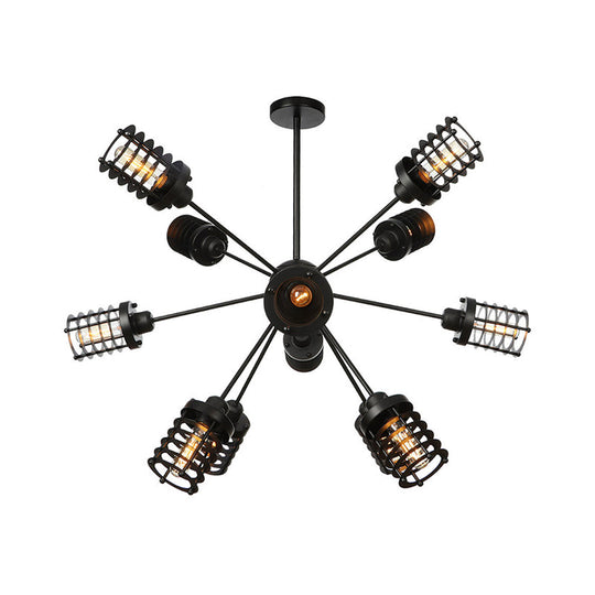 Vintage Black Chandelier Light: Starburst Metal With 9/12/15 Heads & Cylinder Frame Shade For