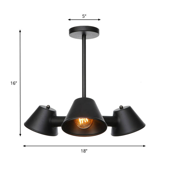 Stylish Black Industrial Chandelier With Conical Metal Shade - 3 Lights Indoor Ceiling Lamp