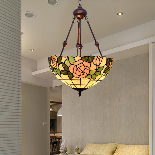 Hand Cut Glass Victorian Bowl Chandelier - 2 Lights Red/Pink/Purple Bedroom Pendant Lamp