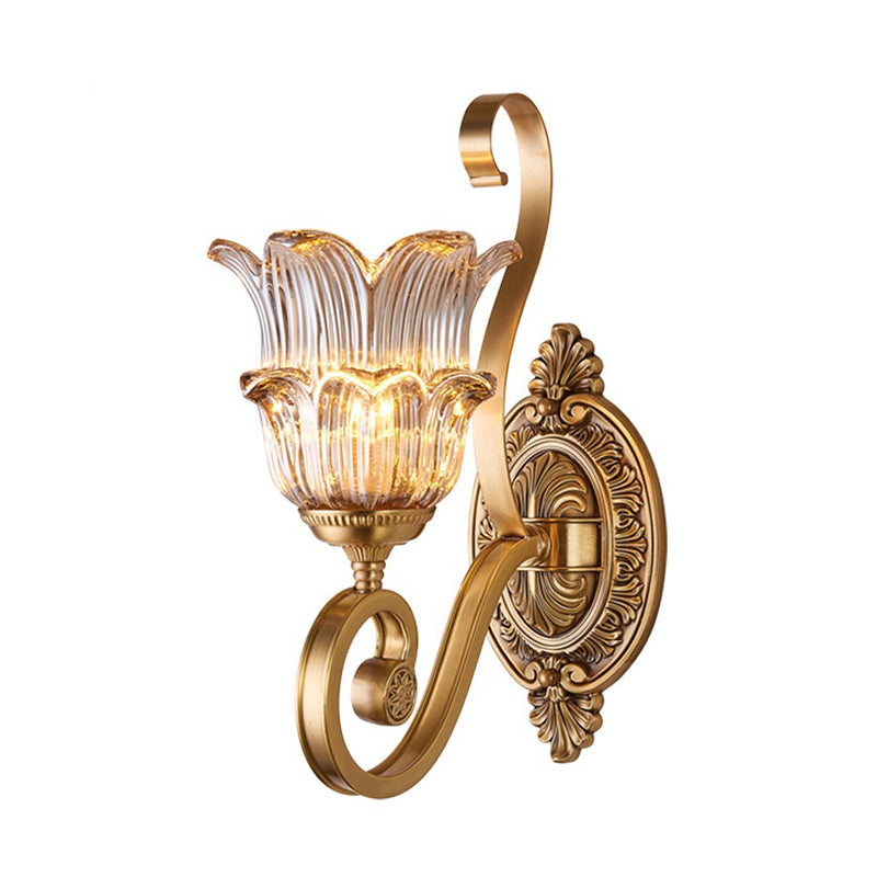 Vintage Brass Floral Sconce Light Fixture With Clear Prismatic Glass - Led Wall Mounted Lamp For