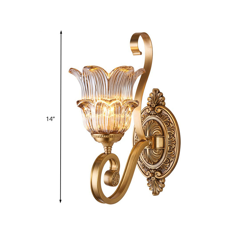 Vintage Brass Floral Sconce Light Fixture With Clear Prismatic Glass - Led Wall Mounted Lamp For